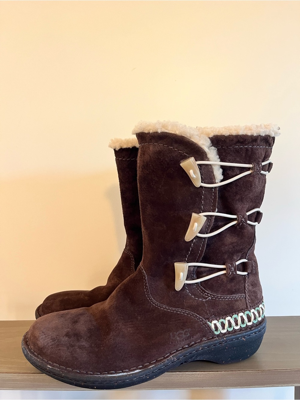 UGG Kona Brown Suede Shearling-Lined Mid-Calf Boots with creamTrim
